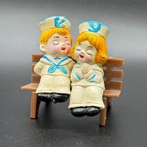 Vintage Salt and Pepper Shakers Sailors Girl Boy Plastic Uniform on Bench Stand